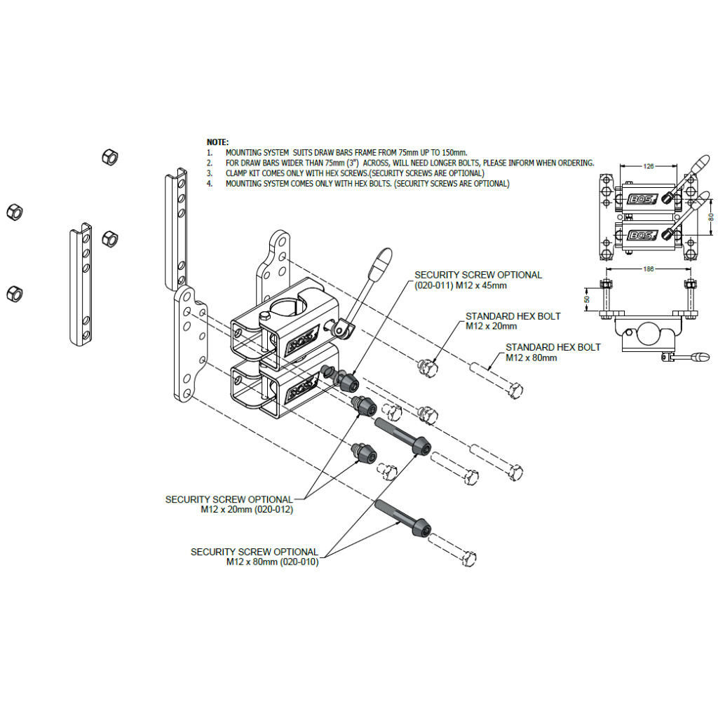 BOS 010-090 50mm Twin Clamp & Bolt w/ Swivel Handle