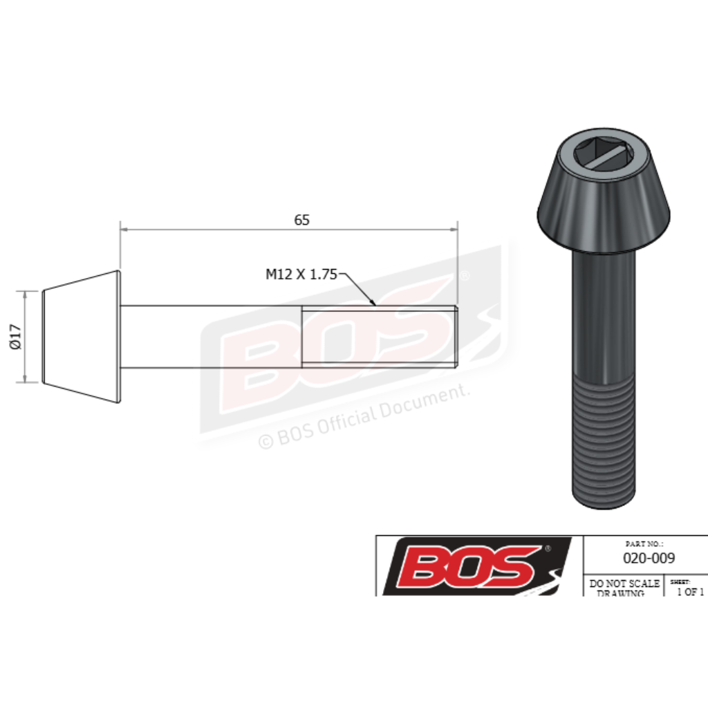 BOS 020-009 Security M12 x 65mm Screw & Key to suit BOS 60mm Clamp