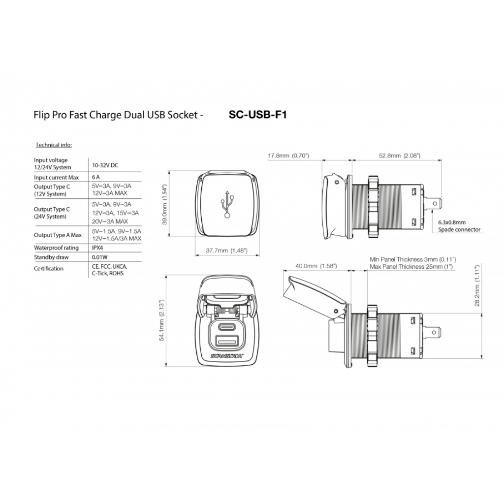 Scanstrut SC-USB-F1 Flip Pro Fast Charge USB-A and USB-C Socket