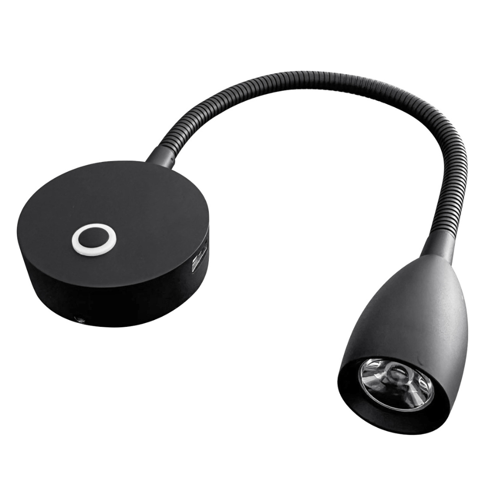 Transeng TRA-RLG-BLACK Gooseneck Black Reading Light with USB Charging Port