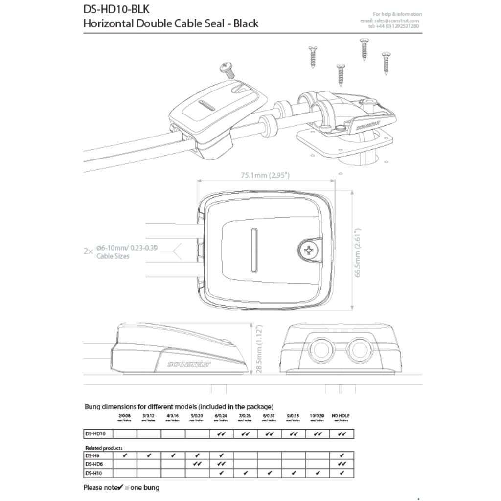 Scanstrut DS-HD10-BLK Black Double Horizontal Cable Seal