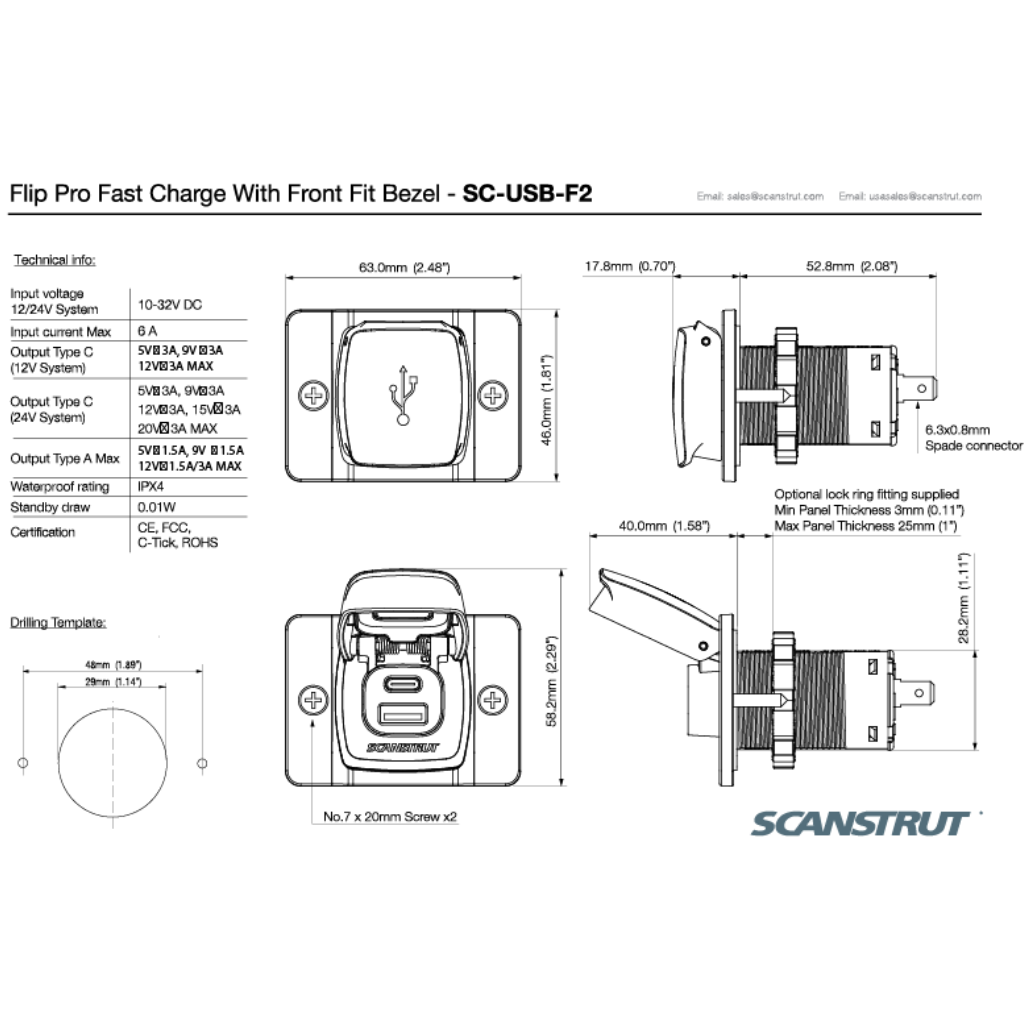 Scanstrut SC-USB-F2 Flip Pro Fast Charge Dual USB Socket with Front Fit Bezel
