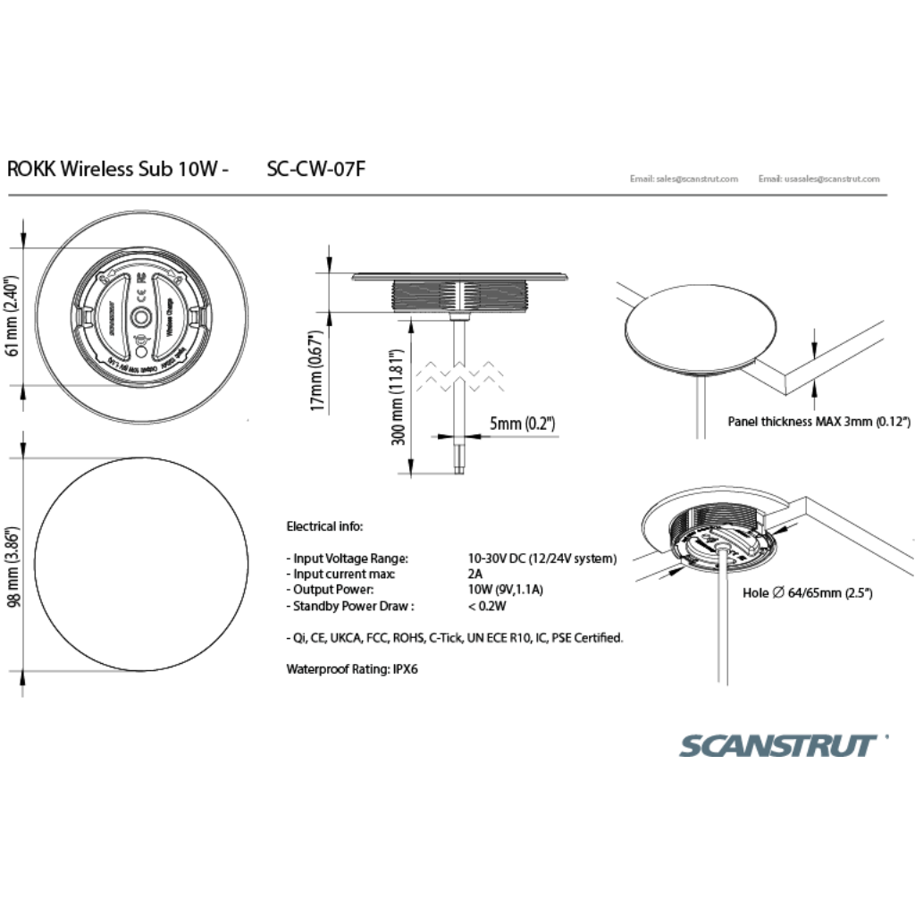 SCANSTRUT SC-CW-07F ROKK Wireless Sub 12/24V Waterproof Phone Charging