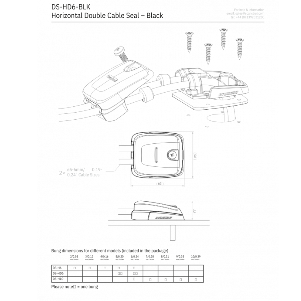Scanstrut DS-HD6-BLK Black Double Horizontal Cable Seal