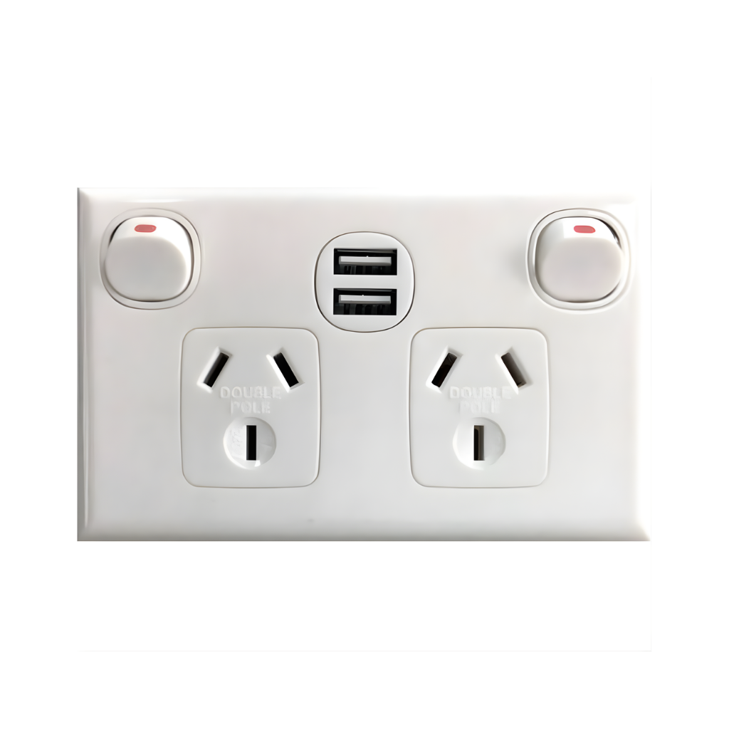 Transco White Double Pole Power Point with USB