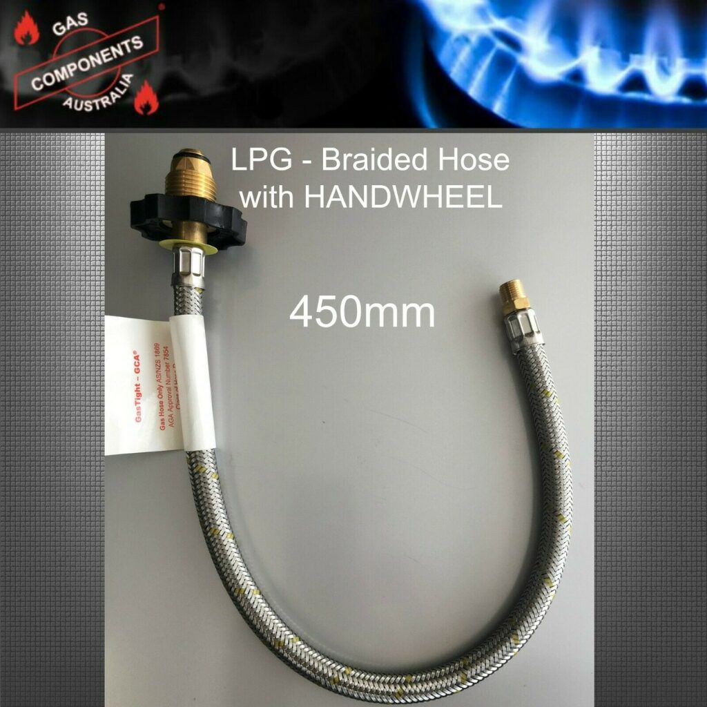 450mm Gas Flexi Hose POL w Handwheel x 1/4 Inv Flare - suits Twin Cylinders - Image 4